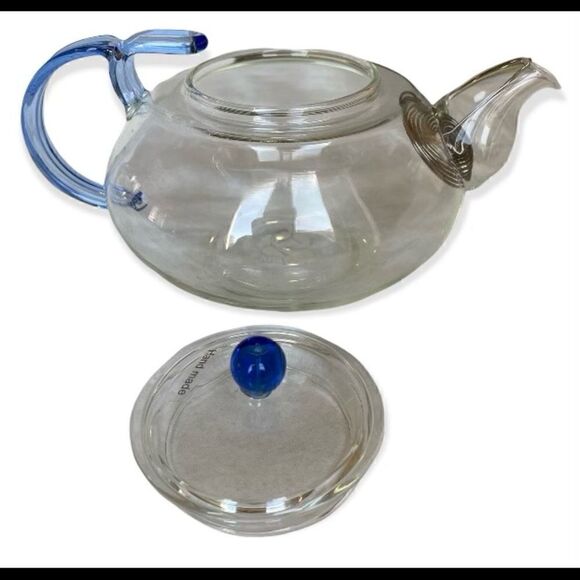 Teavana Hand Made Clear & Blue Glass TEAPOT - Picture 3 of 6